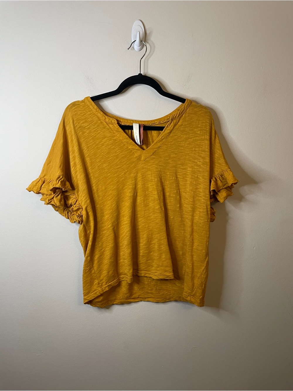 Anthropologie Pilcro Mustard Yellow Ruffle Short Sleeve Slub Knit Tee Top Fall